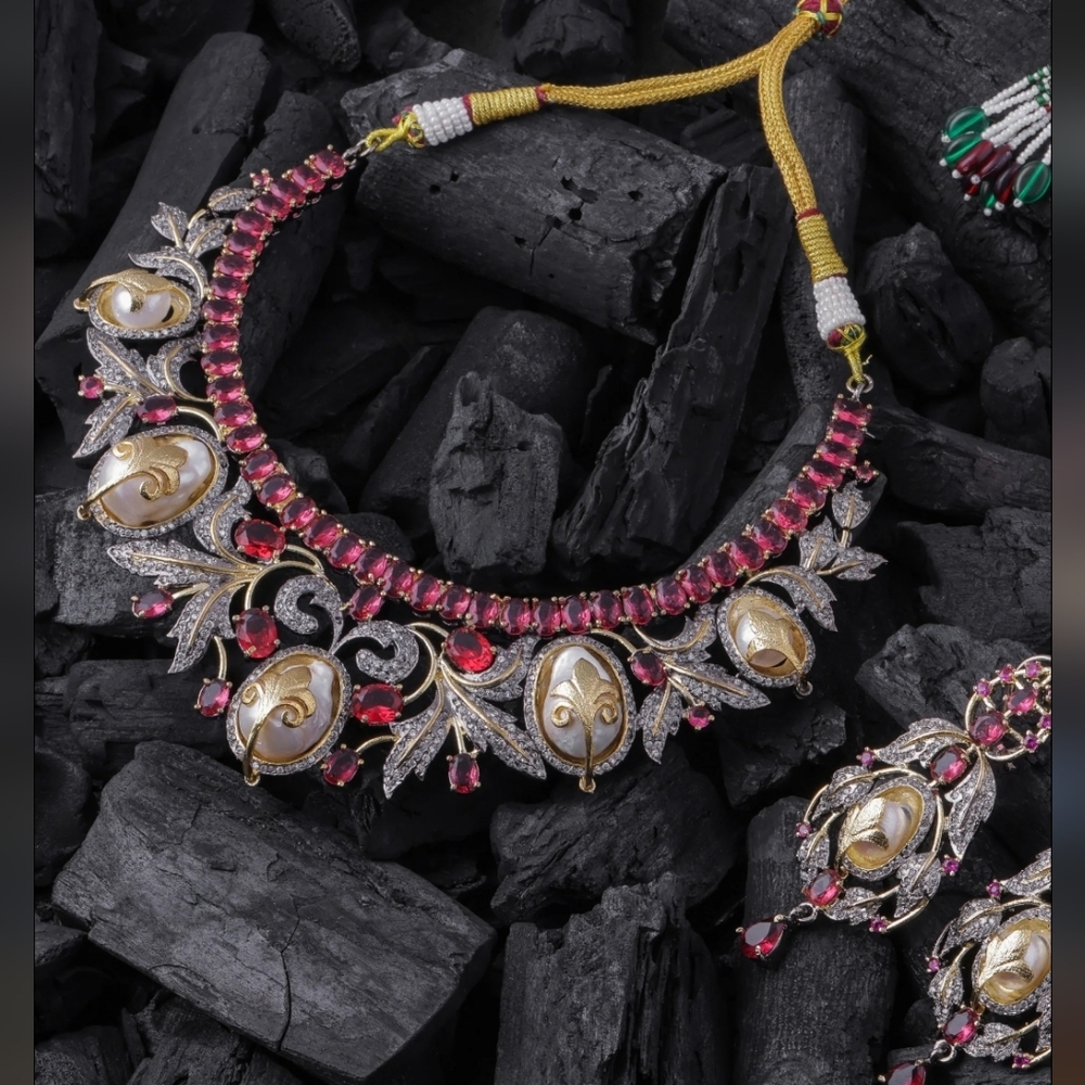 Victorian  Style Mother of Pearl Statment Neckalce and Earrings Set.